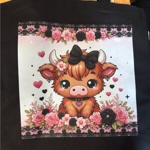 Cute Floral Cartoon Cow Tote Bag - Black with Pink Accents